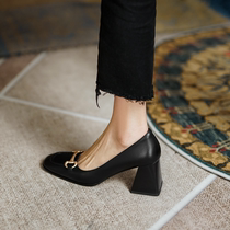 Givenivan unconditional self-left metal buckle coarse heel single shoe woman genuine leather square head high heel shoe heel 7cm