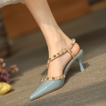 Givenivan method Elegant Collage leather Pointed Rivet Sandal Sandal Baotou 100 lap high heels 6 5cm