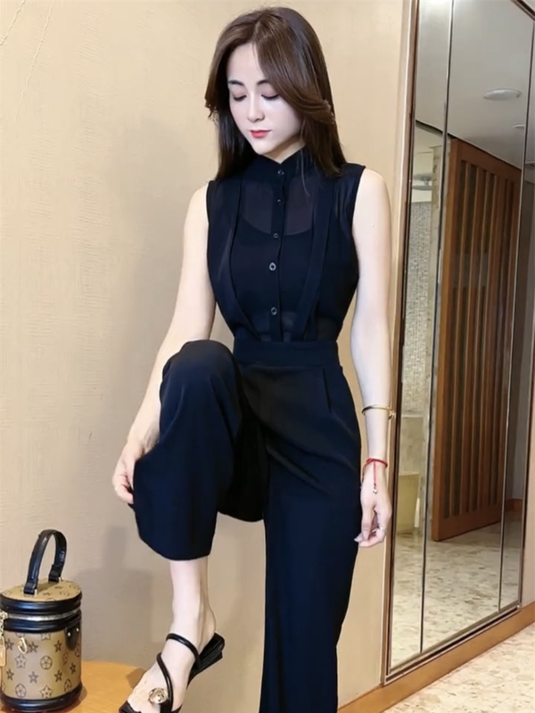 Trendy Popular Fashion Jumpsuit for Women 2026 Summer New Style Goddess Sleeveless Shirt Spliced Slimming Wide-Leg Pants