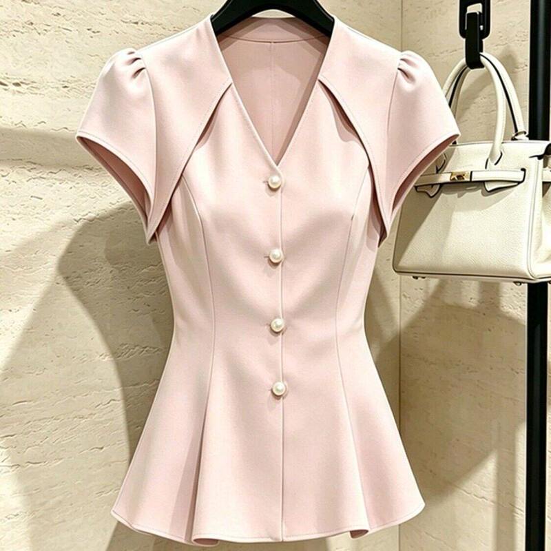 2026 Summer High-End Light Luxury Age-Reducing Stylish Top with a Ladylike Design, Pink V-Neck Satin Shirt