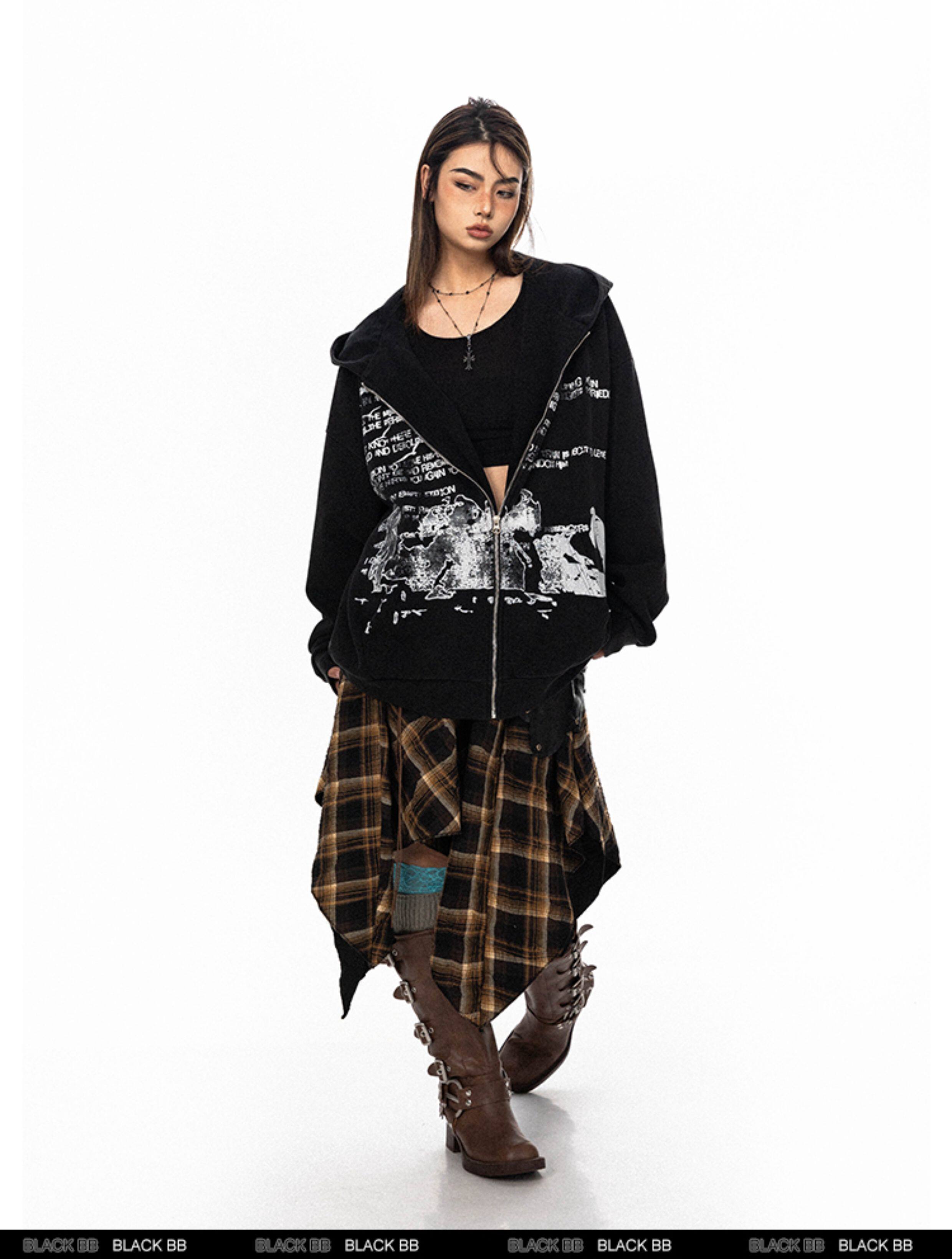 BLACKBB винтажная толстовка с капюшоном на молнии с принтом букв унисекс свободная весна-осень