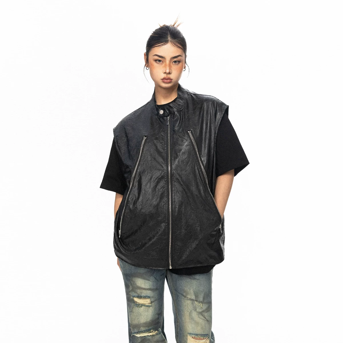 Черный Retro Niche Magra Slot Vests Мужчины Женщины WIND WIND WIND Club без рукавов плечевой плечо None