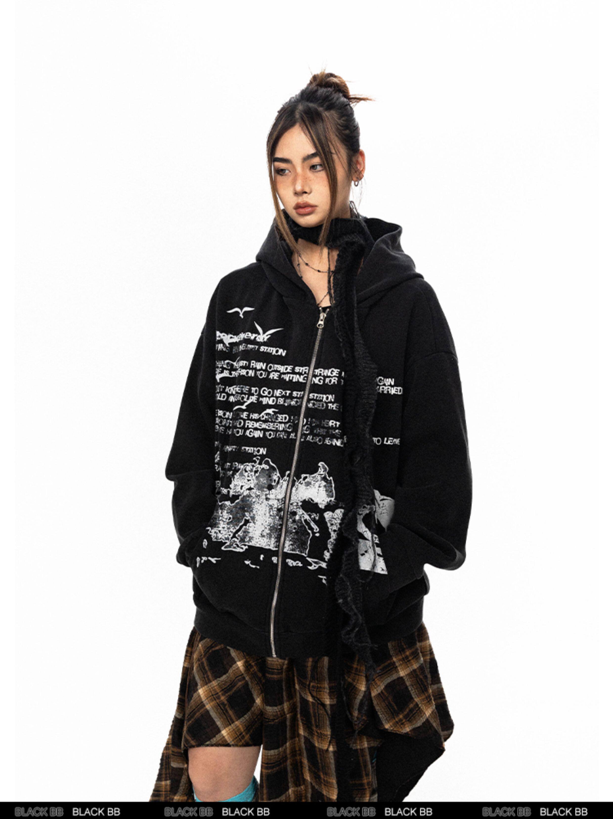 BLACKBB винтажная толстовка с капюшоном на молнии с принтом букв унисекс свободная весна-осень