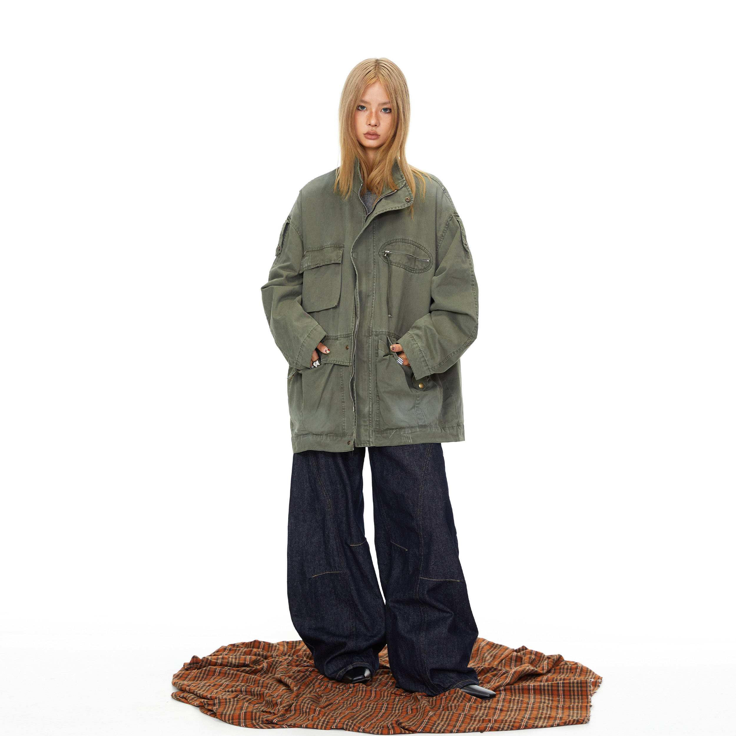 BLACKBB женская куртка с множественными карманами и воротником-стойкой на молнии, осенняя американская ретро дизайнерская свободная верхняя одежда