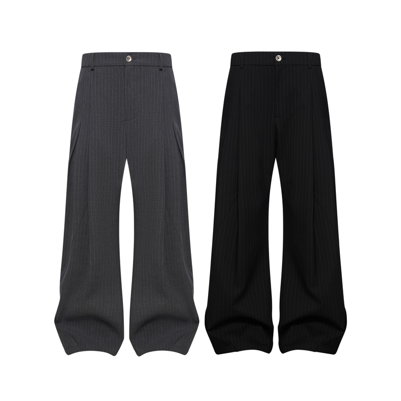 In Rotation Design-Inspired Tr Three-Dimensional Multi-Pleated Vertical Striped Dress Pants with Drapey Flared Casual Trousers