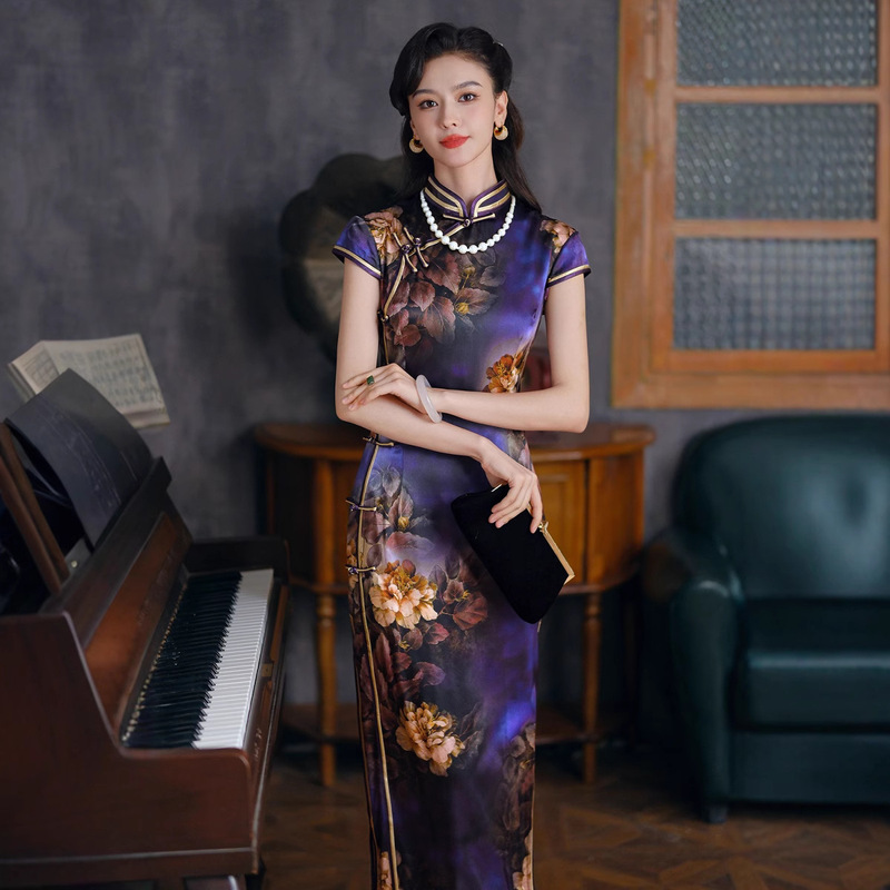 Elegant Lady's Purple Silk Cheongsam 2026 Mulberry Silk Chinese Style Mother-In-Law Dress Retro Improved Exam Dress