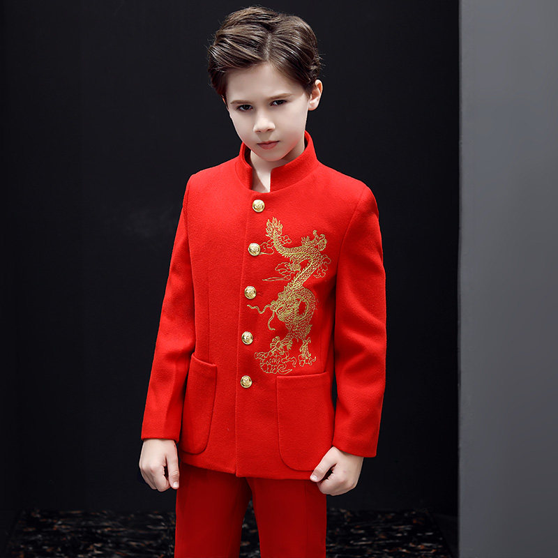 Children's suit suit plus velvet red Zhongshan suit boy's small suit Chinese New Year festive Chinese style thickened New Year's clothing