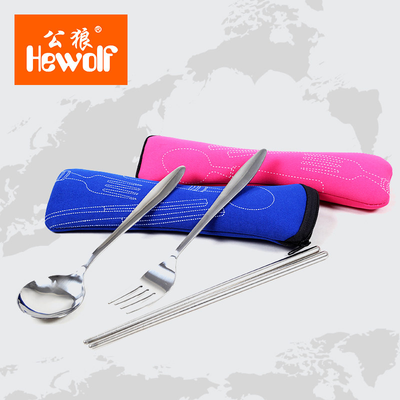 Student travel with cutlery three sets of stainless steel spoon chopsticks fork sleeve portable canvas bag suit