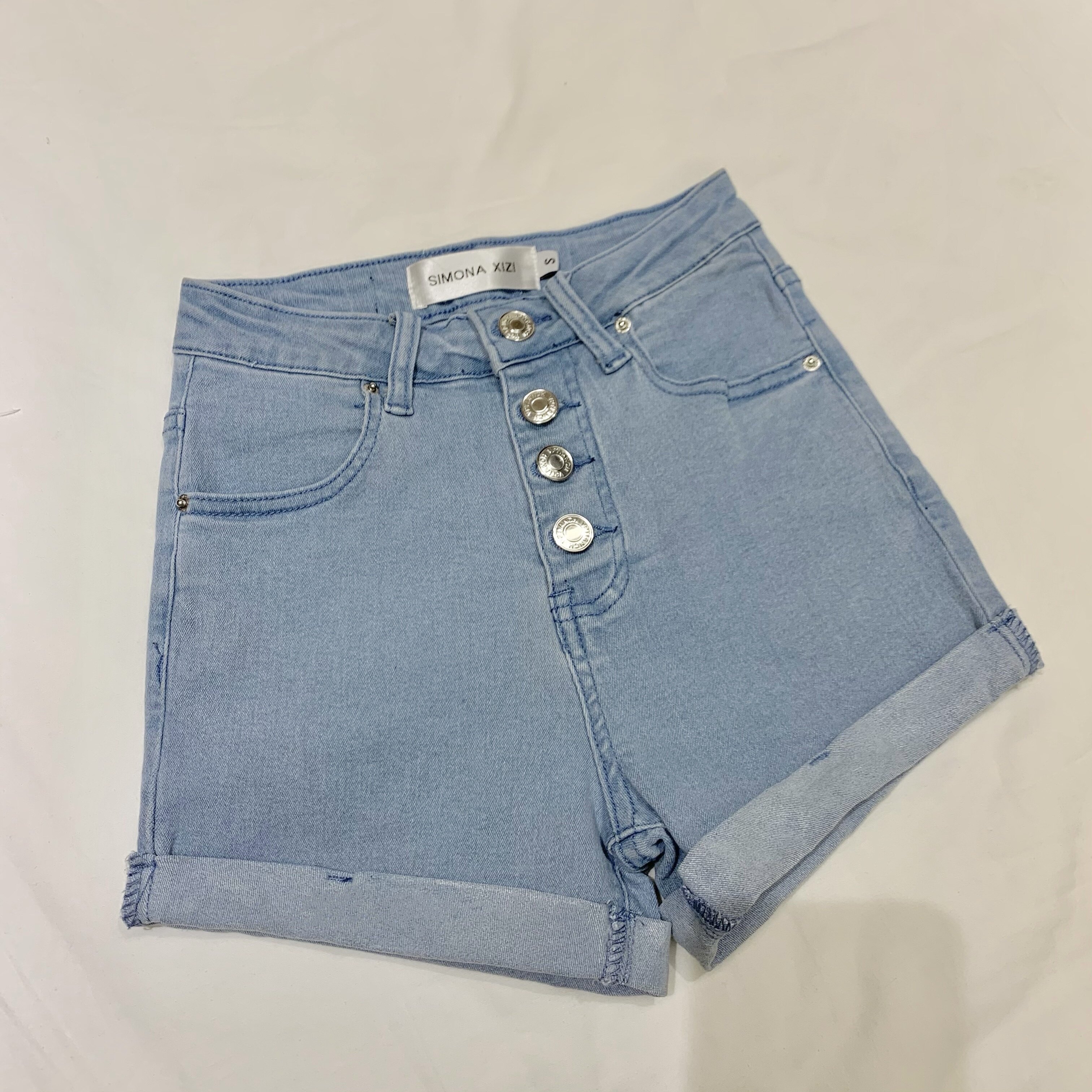 SIMONA22 spring and summer new four-grain buckle baby-blue denim shorts repaired with slim and clear legs long fresh and sweet