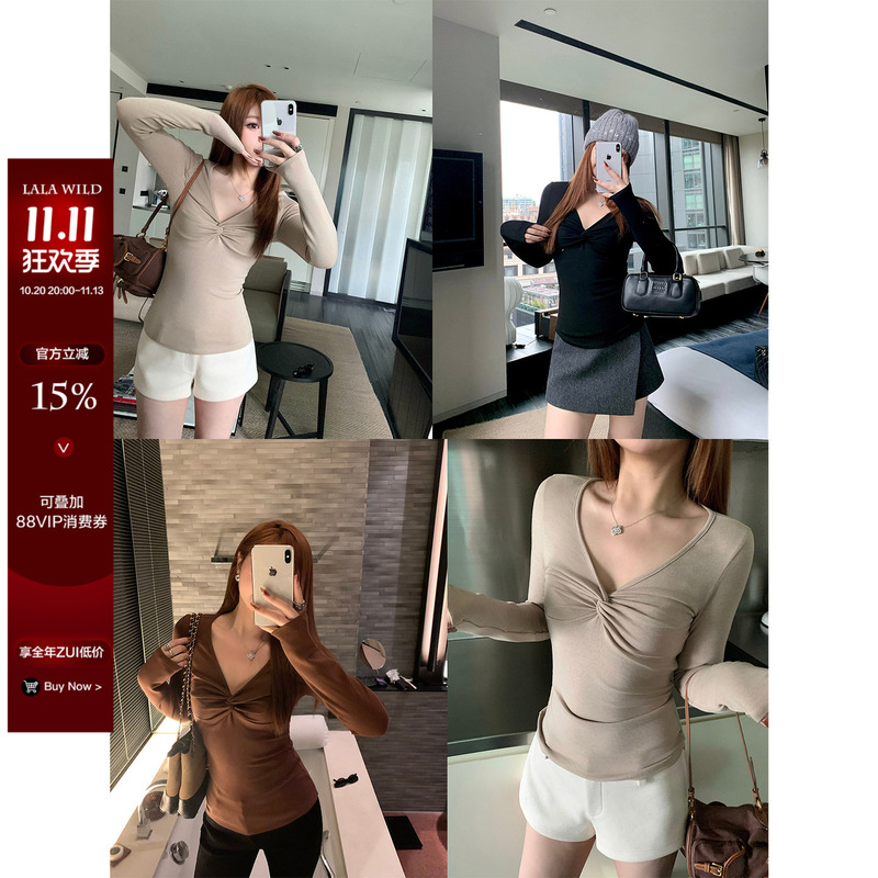 Wildly Stylish and Trendy, the "Lady Line! Twisted V-Neck Long Sleeve T-Shirt" Is a Slimming and Figure-Flattering Versatile Base Layer Top Available in Multiple Colors