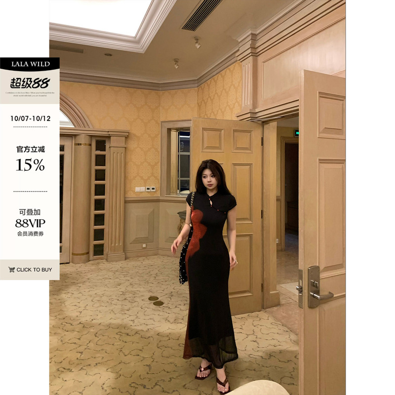 Wild and Spicy, Slightly Chubby Women's Retro Print Dress, Feminine Bodycon Long Dress, Cheongsam, Plus Size Dress