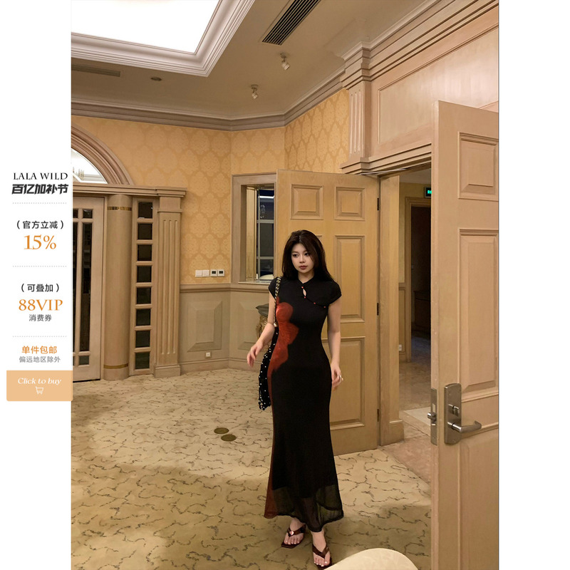 Wild and Spicy, Slightly Chubby Women's Retro Print Dress, Feminine Bodycon Long Dress, Cheongsam, Plus Size Dress