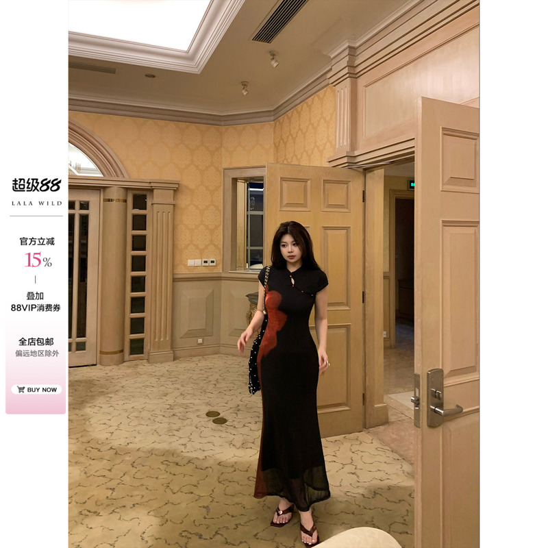 Wild and Spicy, Slightly Chubby Women's Retro Print Dress, Feminine Bodycon Long Dress, Cheongsam, Plus Size Dress Wild and Spicy, Slightly Chubby Women's Retro Print Dress, Feminine Bodycon Long Dress, Cheongsam, Plus Size Dress