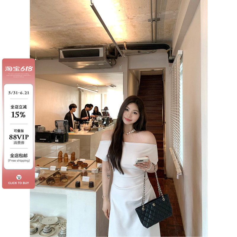 Wild and Spicy Slightly Chubby Girl Irregular Off-Shoulder Dress 2026 New Style Off-Shoulder Elegant Waist-Cinching Long Dress Wild and Spicy Slightly Chubby Girl Irregular Off-Shoulder Dress 2026 New Style Off-Shoulder Elegant Waist-Cinching Long Dress