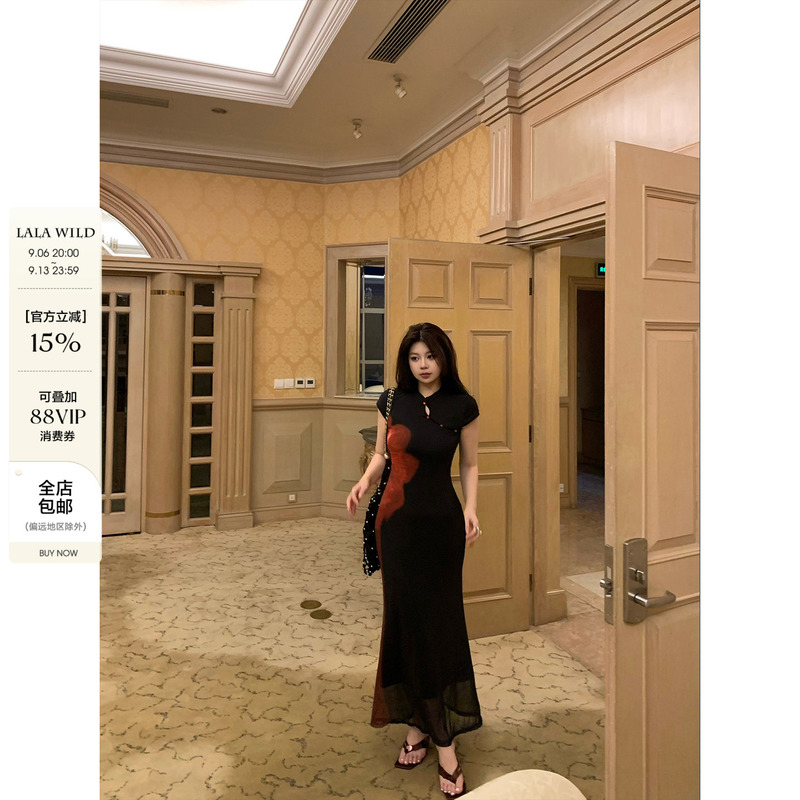 Wild and Spicy, Slightly Chubby Women's Retro Print Dress, Feminine Bodycon Long Dress, Cheongsam, Plus Size Dress