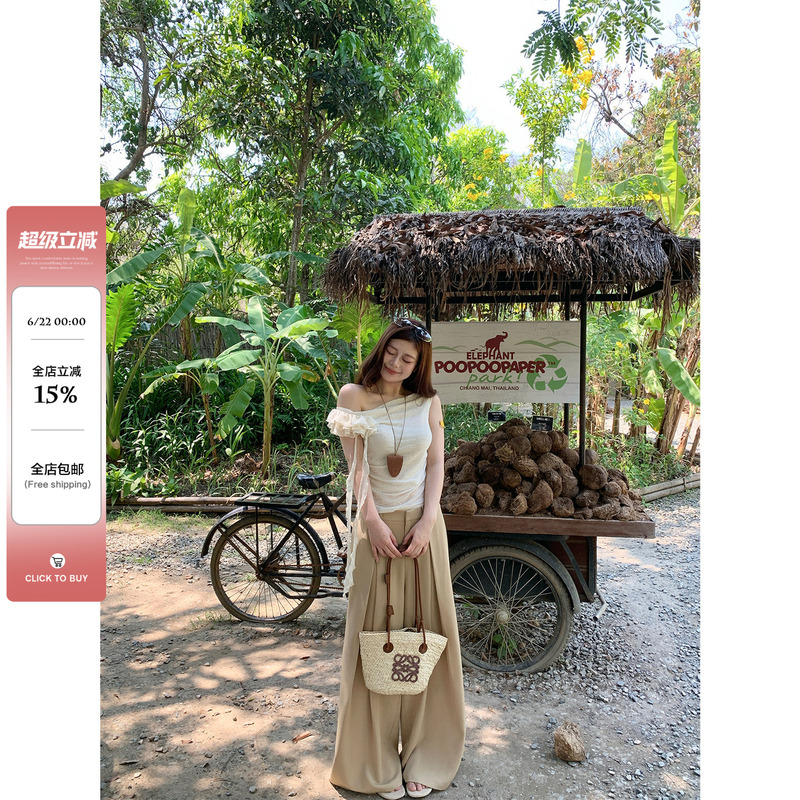 Wild Spicy Soft White Tea Slightly Plus-Size Women's Off-Shoulder Ribbon Short-Sleeve T-Shirt Casual Wide-Leg Pants Plus-Size Set Wild Spicy Soft White Tea Slightly Plus-Size Women's Off-Shoulder Ribbon Short-Sleeve T-Shirt Casual Wide-Leg Pants Plus-Size Set
