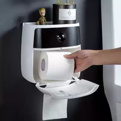 Wall-mounted punch-free double-layer multi-function tissue box with drawer roll toilet paper holder Toilet paper box powder room mobile phone holder