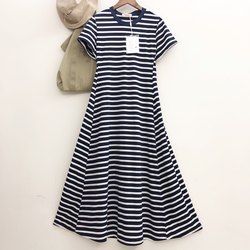 ການ​ຄ້າ​ຕ່າງ​ປະ​ເທດ Casual striped temperament dress ຝ້າຍ​ບໍ​ລິ​ສຸດ A-line ຂະ​ຫນາດ​ໃຫຍ່ hem ແຂນ​ສັ້ນ​ແອວ​ປົກ​ຄຸມ​ທ້ອງ slimming ບວກ​ຂະ​ຫນາດ​ກະ​ໂປງ​ຍາວ​ຂອງ​ແມ່​ຍິງ