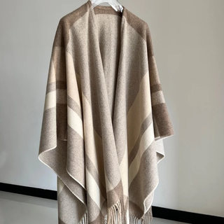 Striped Color-Blocked Herringbone Cashmere Wool Cape with Large Shawl Scarf and Tassel Design, Casual and Versatile for Autumn and Winter