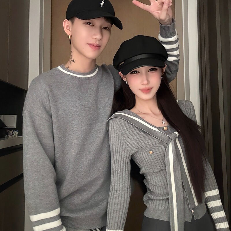 College Style Couple Outfits for Autumn and Winter, Navy Collar Slim Fit Women's Knit Sweater Pullover, Men's Sweater, Lazy Style Top