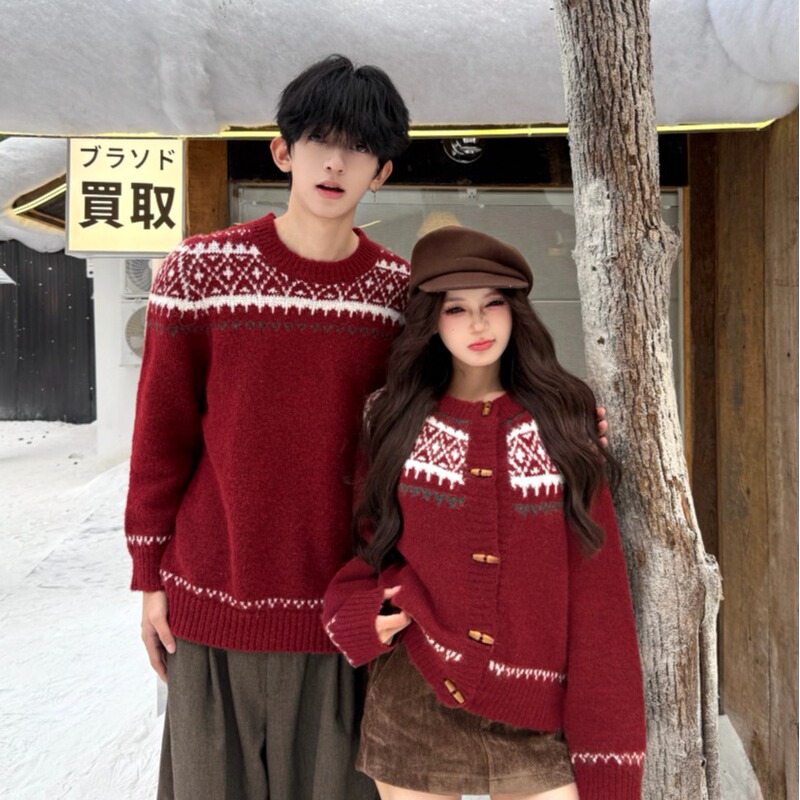 Christmas Couple Outfits Korean Style Sweet Toggle Cardigan New Year Autumn and Winter Soft and Loose Slimming Red Sweater