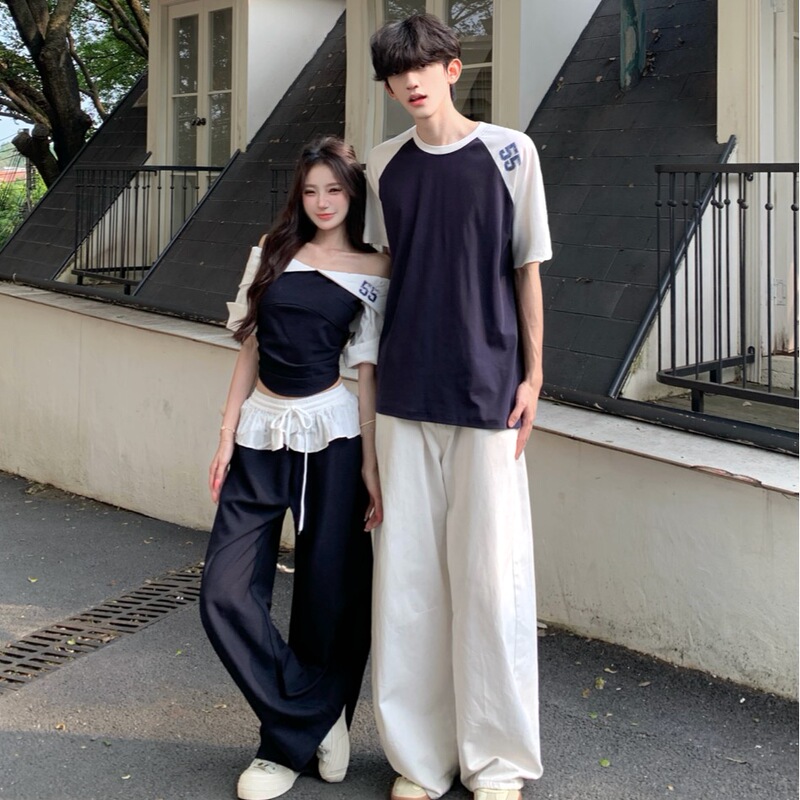 High-End Couple Outfits for Summer, One-Shoulder Short-Sleeved T-Shirt for Women, Summer Hot Girl Patchwork Short Off-Shoulder Two-Piece Set, Trendy