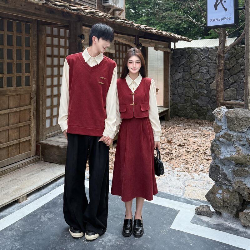 French-Style Dress for Autumn and Winter, Couple's Outfit for New Year, High-End Dress, New Red Engagement Dress, One Dress and One Coat French-Style Dress for Autumn and Winter, Couple's Outfit for New Year, High-End Dress, New Red Engagement Dress, One Dress and One Coat