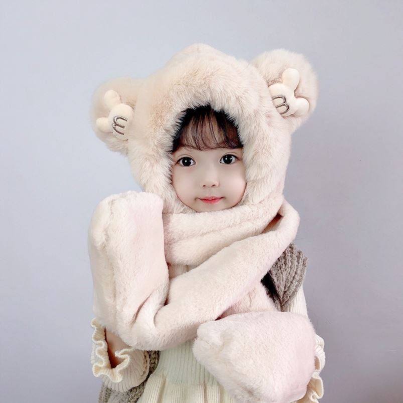 Children's hooded scarf all-in-one gloves three-piece winter warm all-match cute cartoon ear protection fashion girl baby thick