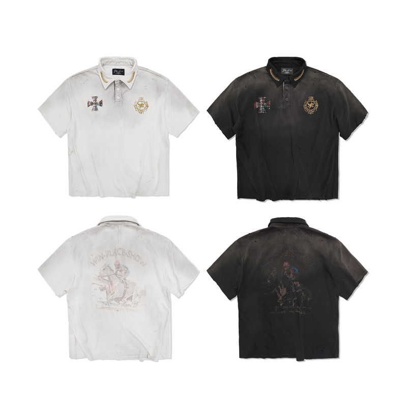 Wanna Lab 26Ss Horse Racing Wheat Spike Shell Embroidery Spray-Dyed Cross Print Polo Shirt Distressed Short-Sleeve T-Shirt