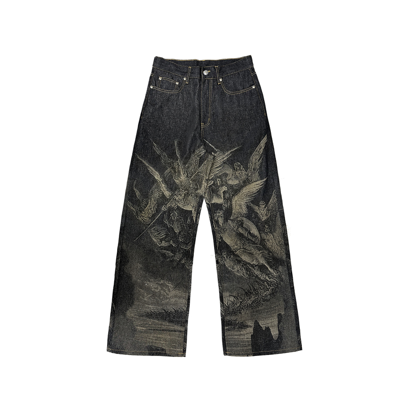 Wanna Lab "Paradise Lost" Laser-Engraved Baggy Raw Denim Pants with Horn Studs and Genuine Python Skin Label Wanna Lab "Paradise Lost" Laser-Engraved Baggy Raw Denim Pants with Horn Studs and Genuine Python Skin Label