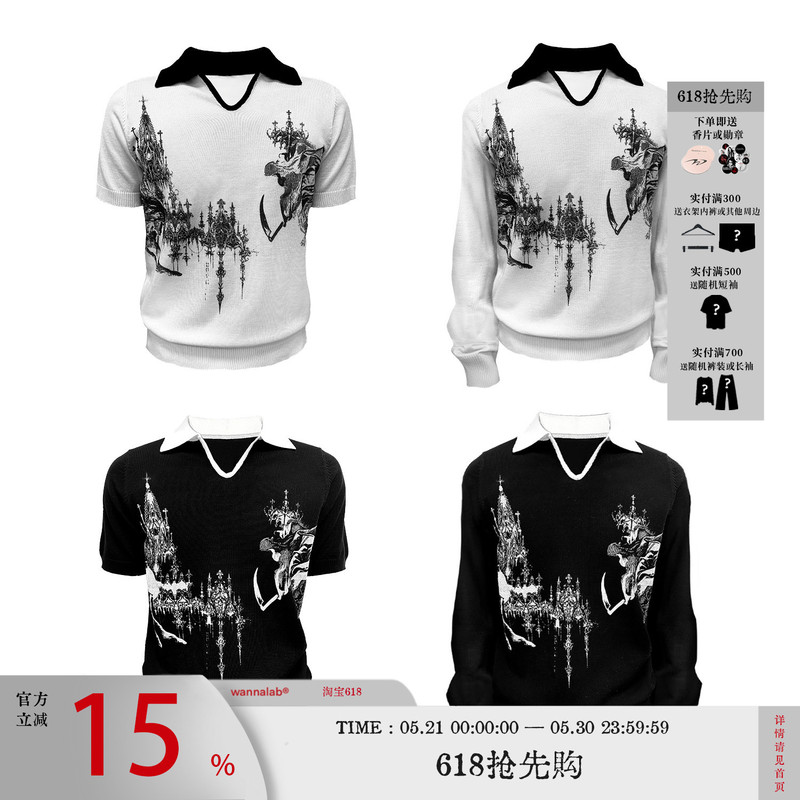 Wanna Lab Grim Reaper Scythe Palace Print Waist-Cinching Regular Shoulder V-Neck Polo Tencel Sweater Knitted Short Long Sleeve T-Shirt