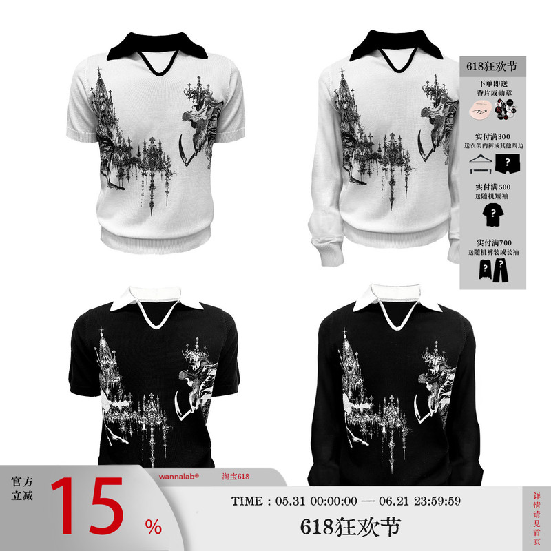 Wanna Lab Grim Reaper Scythe Palace Print Waist-Cinching Regular Shoulder V-Neck Polo Tencel Sweater Knitted Short Long Sleeve T-Shirt