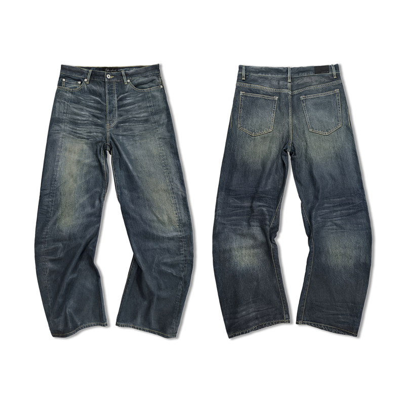 【Linbesui Label】Wanna Lab 26Ss Handmade Wax-Brushed Pleated Cat's Whisker Curved Knife Washed Denim Pants