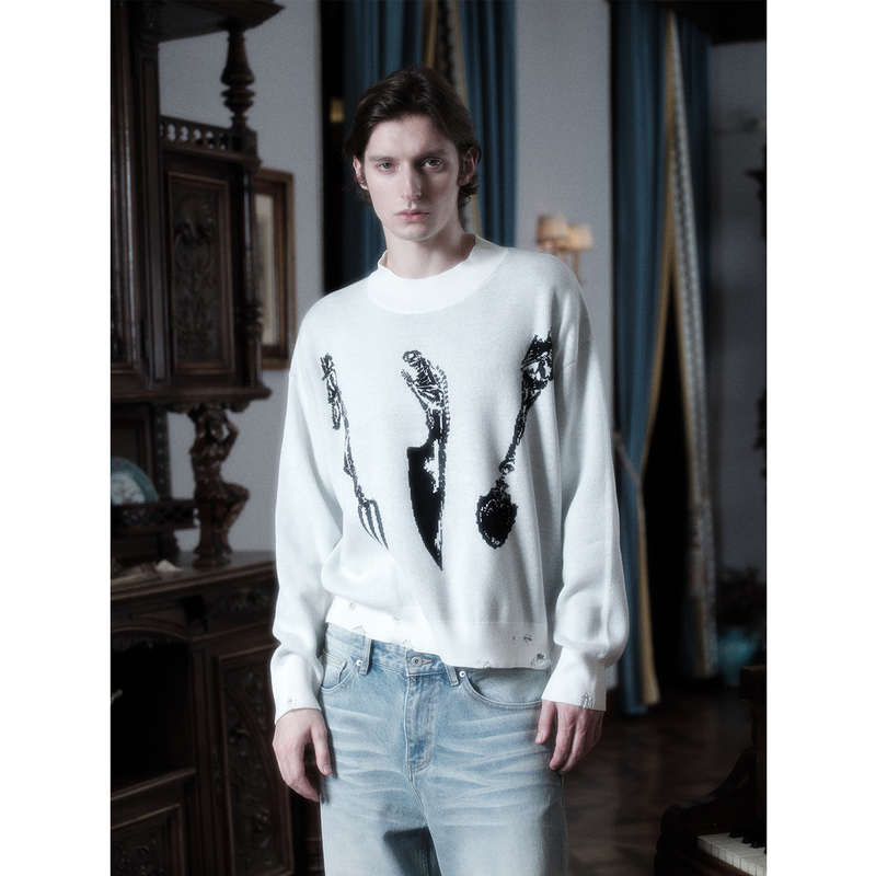Wanna Lab Knife and Fork Skull Jacquard Pattern Two-Tone Distressed Loose Knit Sweater Long Sleeve Hoodie for Men and Women