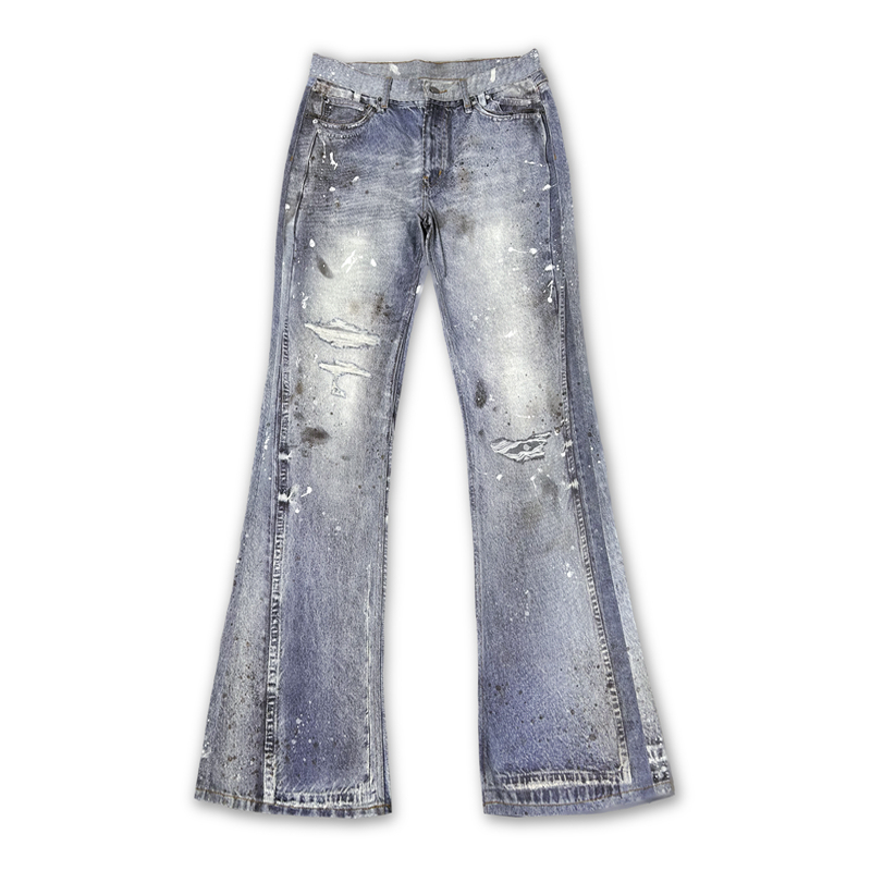 Wanna Lab "Ice Blue" Stain-Resistant Conley 3D Digital Printed Denim Pants with Distressed Holes, Washed and Slightly Flared