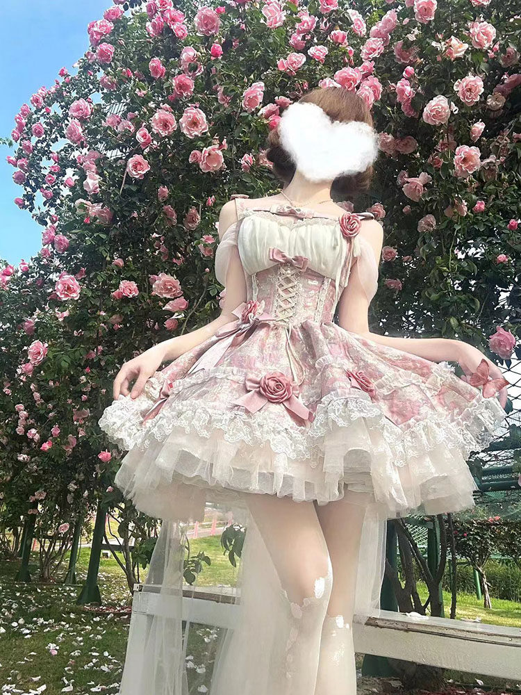ピンクジャガード春ガーリー風ロリータドレススウィートガールふわふわ