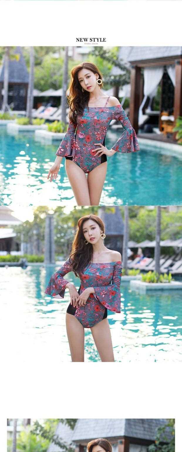 Hàn Quốc mua hè 2018 mới áo trễ vai rộng tay áo bikini lưới một mảnh - Bikinis áo tắm 1 mảnh