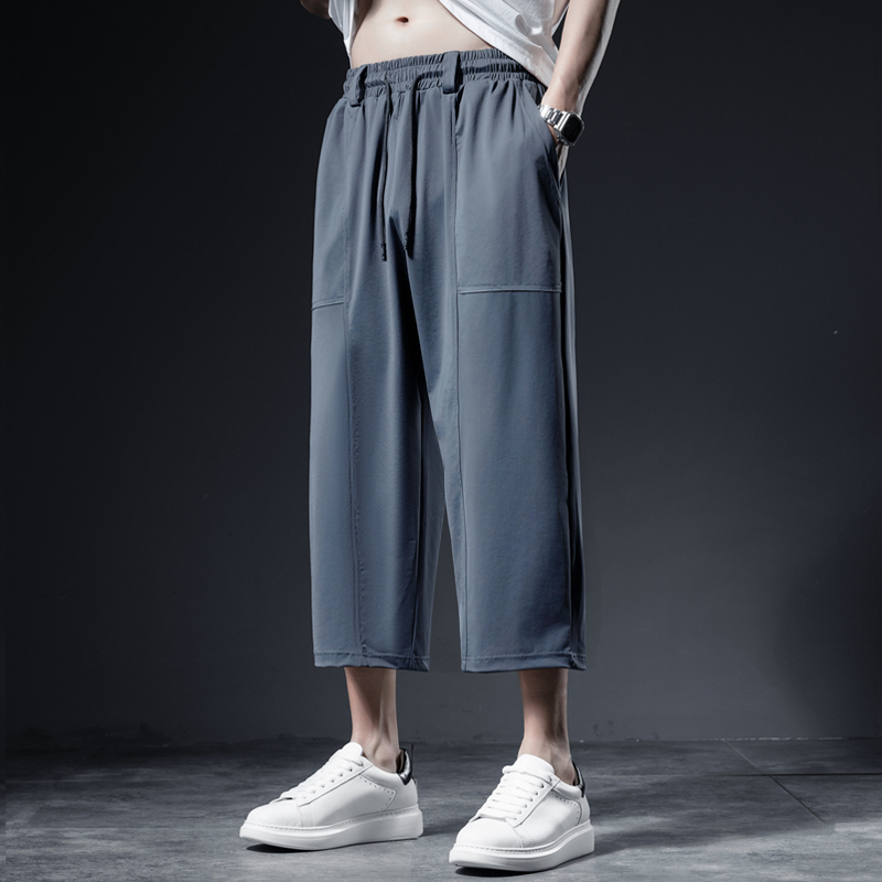 Men's Cropped Pants, Ice Silk Sports Pants, Five-Point Shorts, Summer Loose Elastic Plus-Size Sweatpants