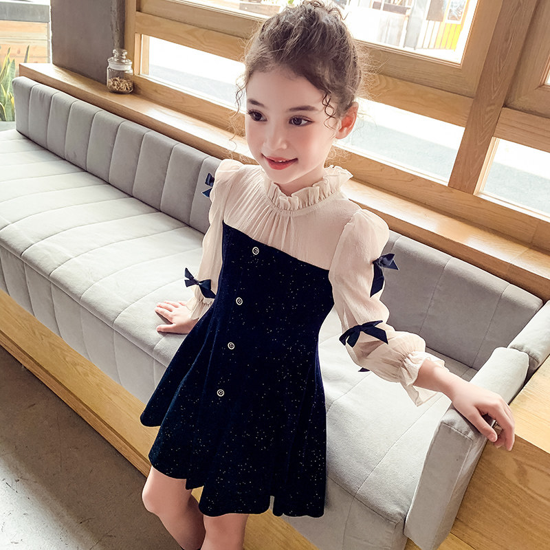 Girl Foreign Dress Autumn Dress 2022 New Children Han Edition Net Red Princess Dress Foreign Pie Little Girl Long Sleeve Velvet Dress