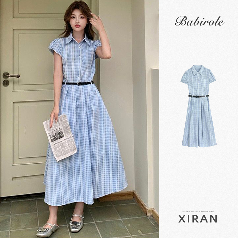 Korean-Style College-Style French Sweet Retro Elegant Plaid Shirt Dress with a Waist-Cinching Slimming Effect and a Stylish Plaid Long Skirt