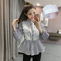 Spring and Autumn New Korean short maternity shirt striped shirt long sleeve pregnant womens shirt autumn Korean version