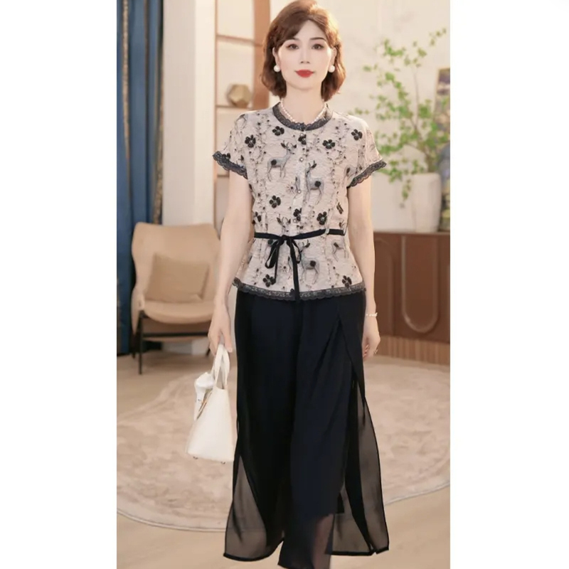 Chinese Style Two-Piece Set 2026 Summer Petite Age-Reducing Mom T-Shirt Set Short-Sleeved Two-Piece Set