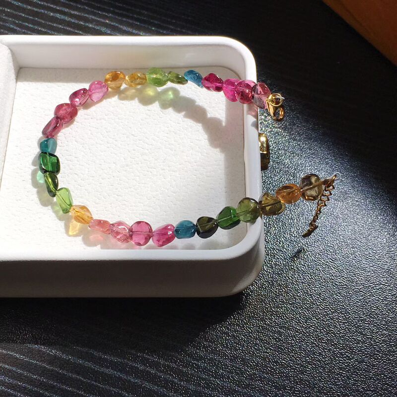 Natural Rainbow Tourmaline Color-Coded Bracelet for Women, Near-Glass Tourmaline, Irregular-Shaped Jelly Bean Single-Circle Crystal Bracelet Gift
