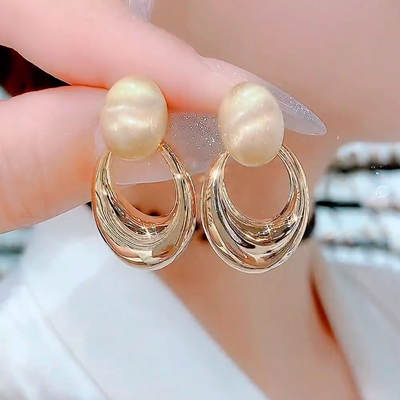 Retro Hong Kong-style metal brushed geometric ring ear studs, light luxury, high-end, versatile earrings, niche design, trendy earrings