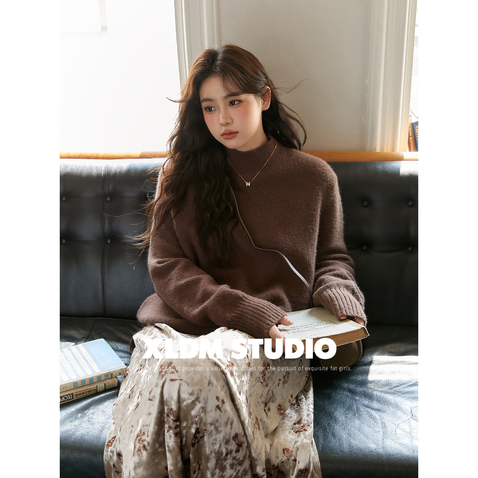 Small Lady homemade big code women's dress (Maillard semi-high collar normal shoulder sweater) Winter Fat mm thickened blouses-Taobao