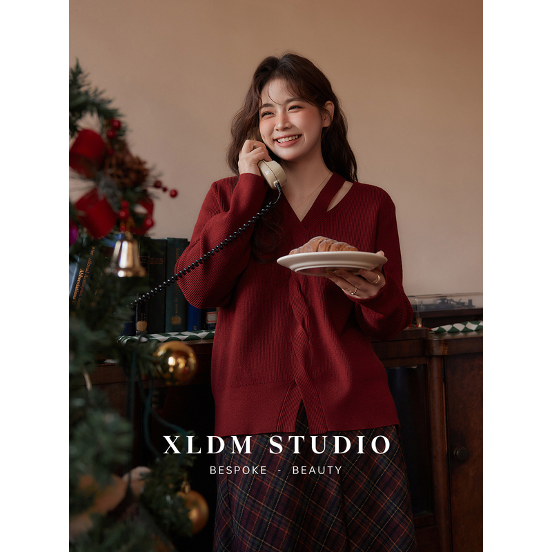 Xiaoli Plus Size [Christmas Atmosphere Date Sweater] Fat Girl Winter V-Neck Loose Knit Red Top