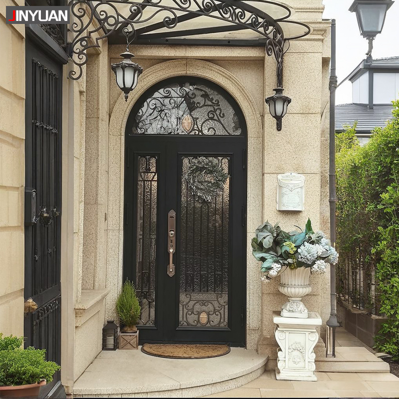 金缘圆弧铁艺门玻璃入户防盗门进户门花园子母门欧式豪华别墅大门