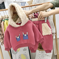 Anti-season special baby velvet thick autumn and winter childrens sweater sweater pants suit 3-year-old Korean version of the male and female childrens two-piece set