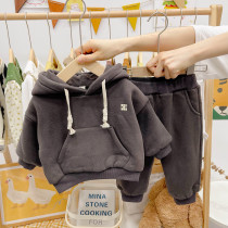 Infant baby set for boys and girls foreign style sweater sports pants children plus velvet padded autumn and winter two-piece suit