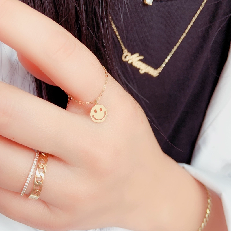 Hàn Quốc nhập khẩu nguyên chất nhẫn vàng 14k nữ mặt cười lớn có thể điều chỉnh dây chuyền mềm k món quà nhẫn vàng - Nhẫn